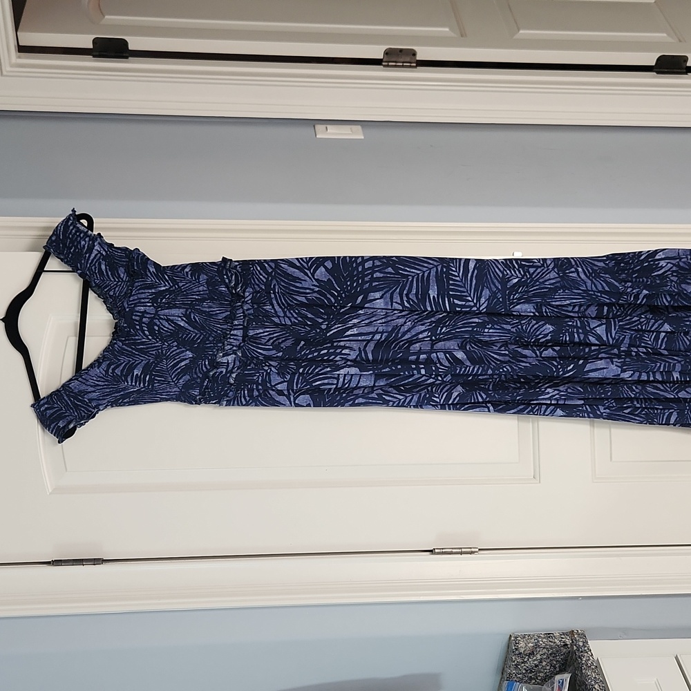 Palm frond navy and light blue maxi dress